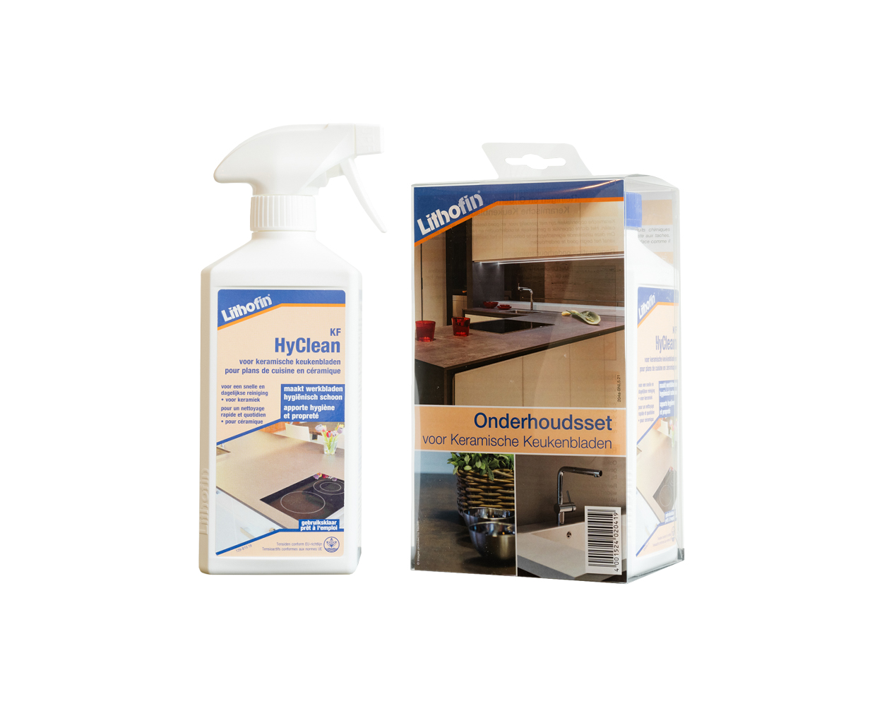 - Lithofin KF HyClean voor het regelmatig reinigen en ontvetten van het keukenblad. - Lithofin KF ClearTop voor het periodiek diepreinigen en het verwijderen van kalkafzettingen.